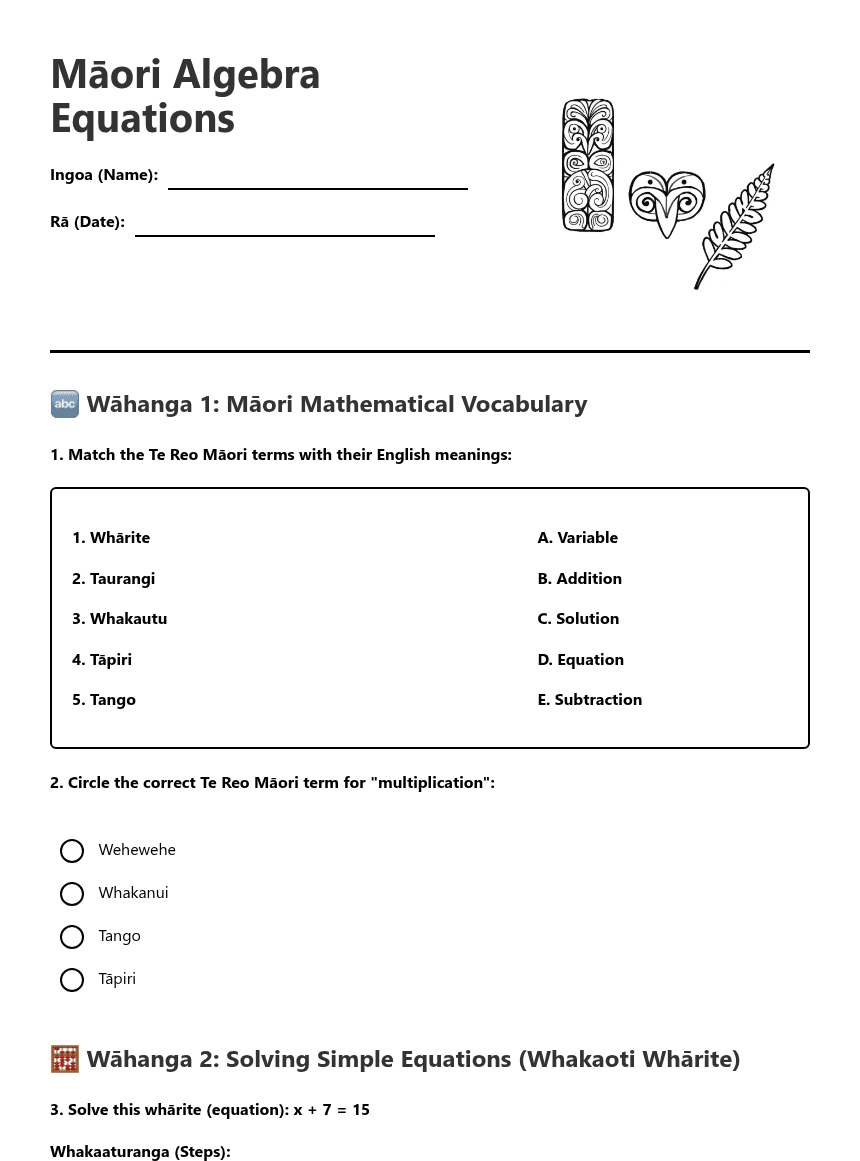Māori Algebra Equations worksheet preview
