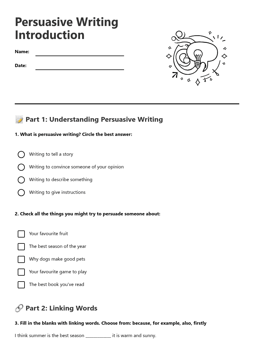 Persuasive Writing Introduction worksheet preview