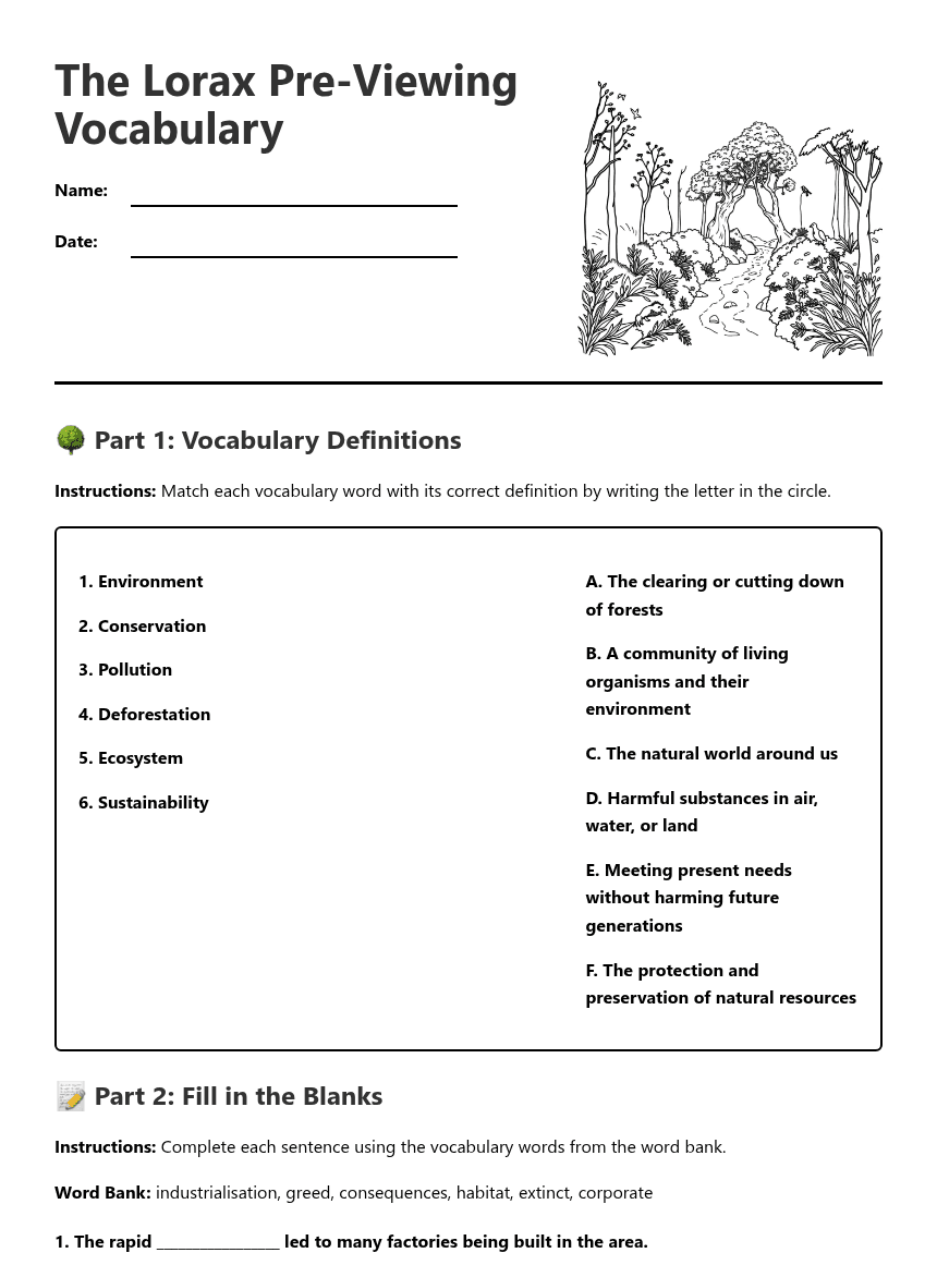 The Lorax Pre-Viewing Vocabulary worksheet preview