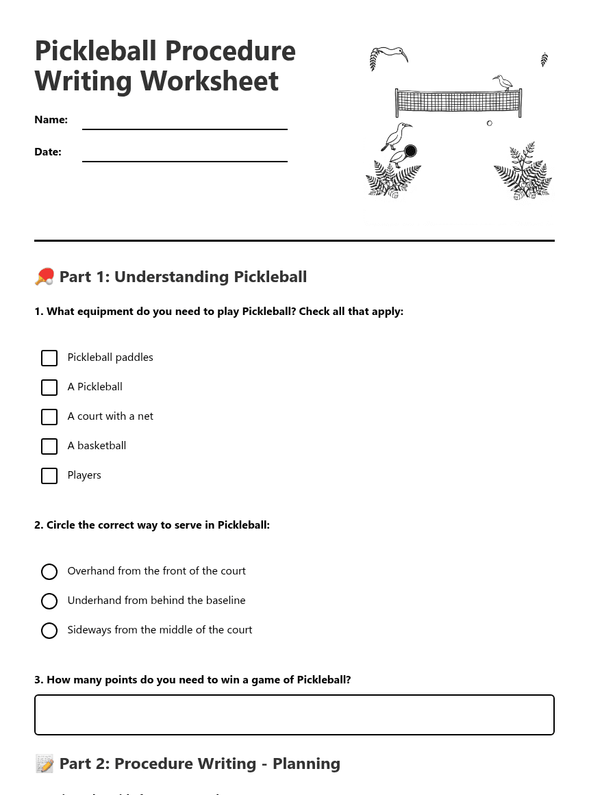Pickleball Procedure Writing Worksheet worksheet preview