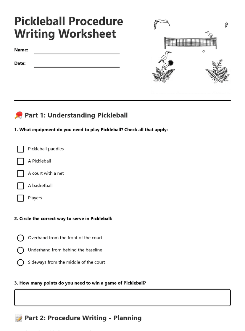 Pickleball Procedure Writing Worksheet