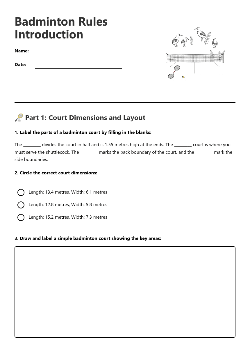 Badminton Rules Introduction worksheet preview