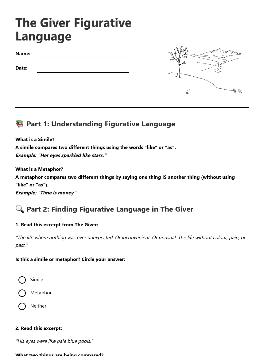 The Giver Figurative Language worksheet preview
