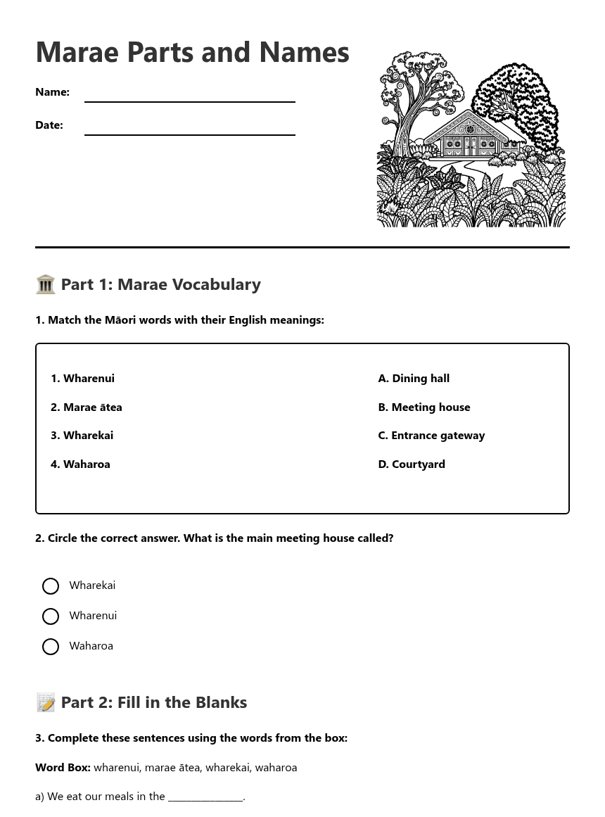 Marae Parts and Names worksheet preview