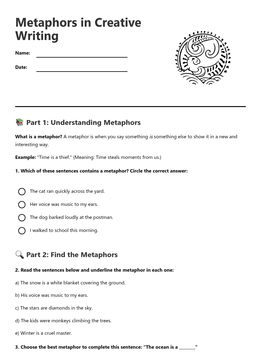 Metaphors in Creative Writing worksheet preview