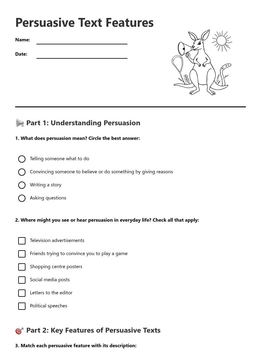 Persuasive Text Features worksheet preview