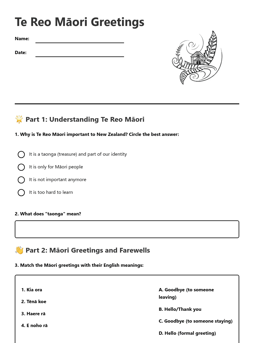Te Reo Māori Greetings worksheet preview