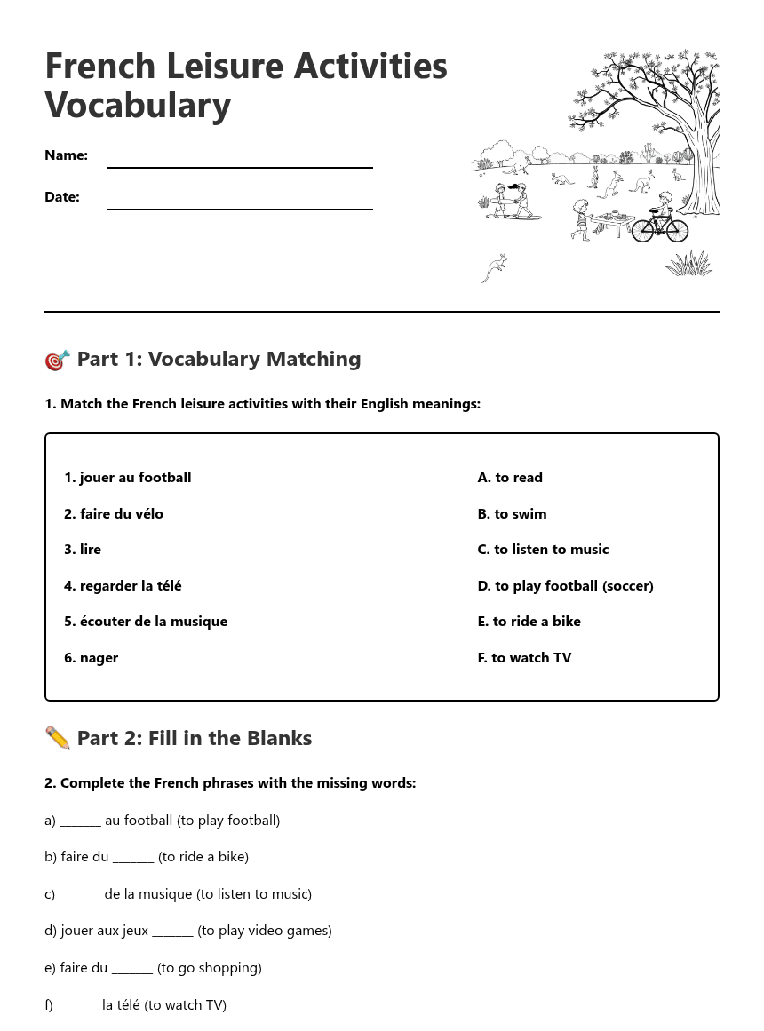 French Leisure Activities Vocabulary worksheet preview