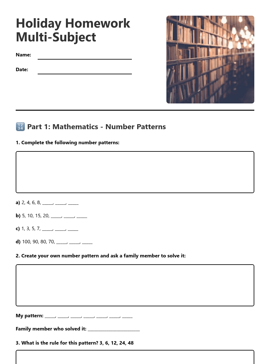 Holiday Homework Multi-Subject worksheet preview