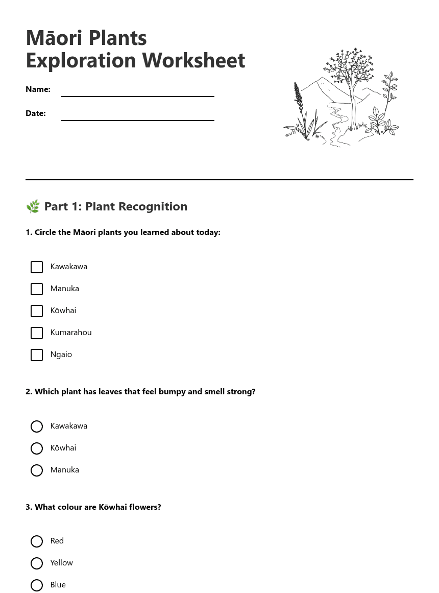 Māori Plants Exploration Worksheet worksheet preview