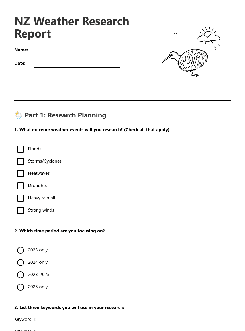 NZ Weather Research Report worksheet preview
