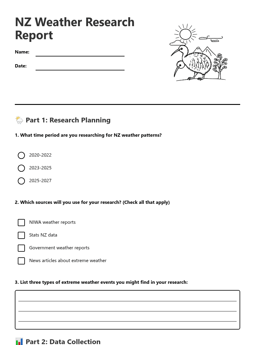 NZ Weather Research Report worksheet preview