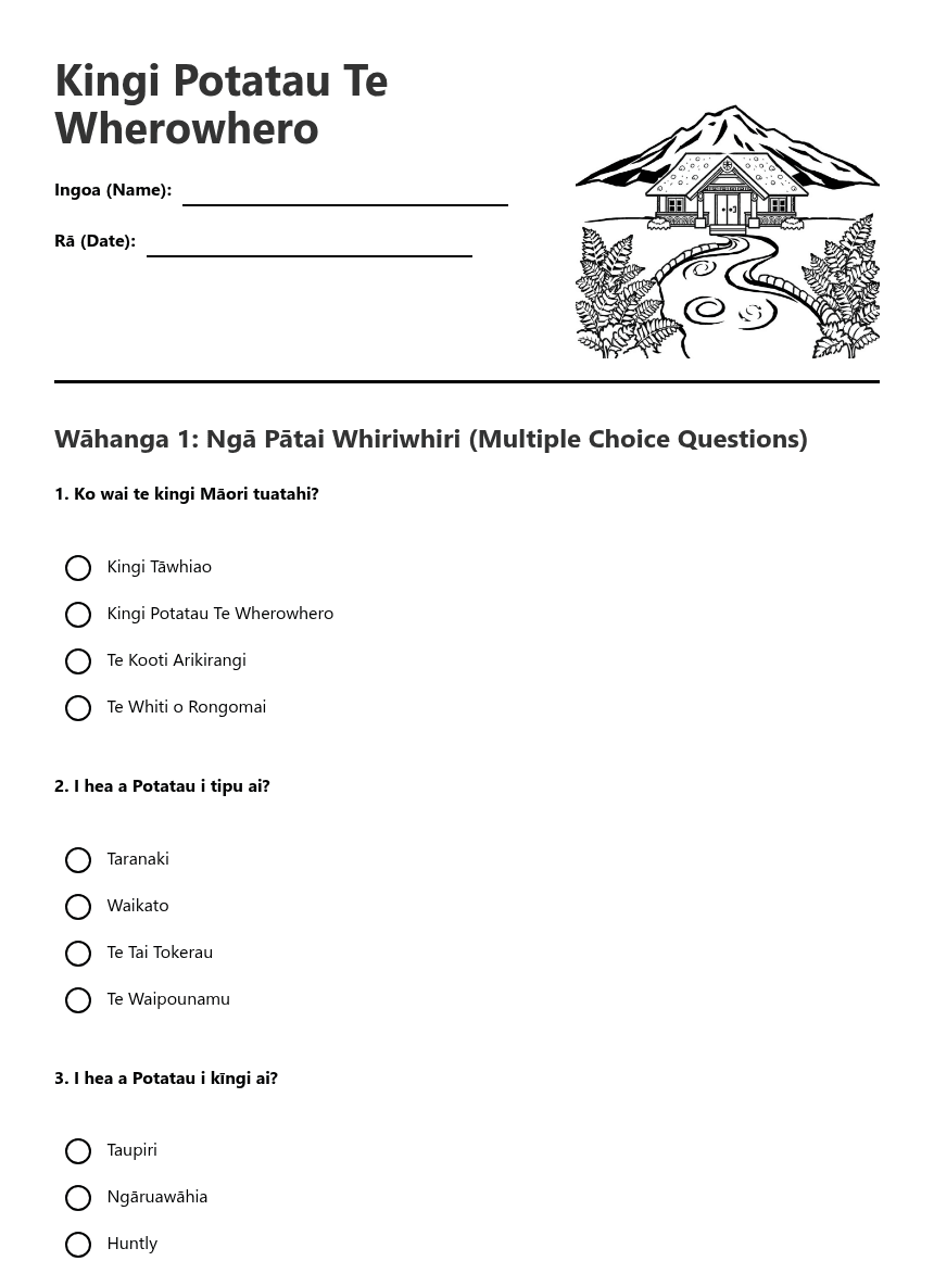 Kingi Potatau Te Wherowhero worksheet preview