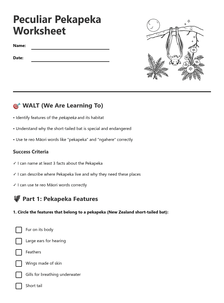 Peculiar Pekapeka Worksheet worksheet preview