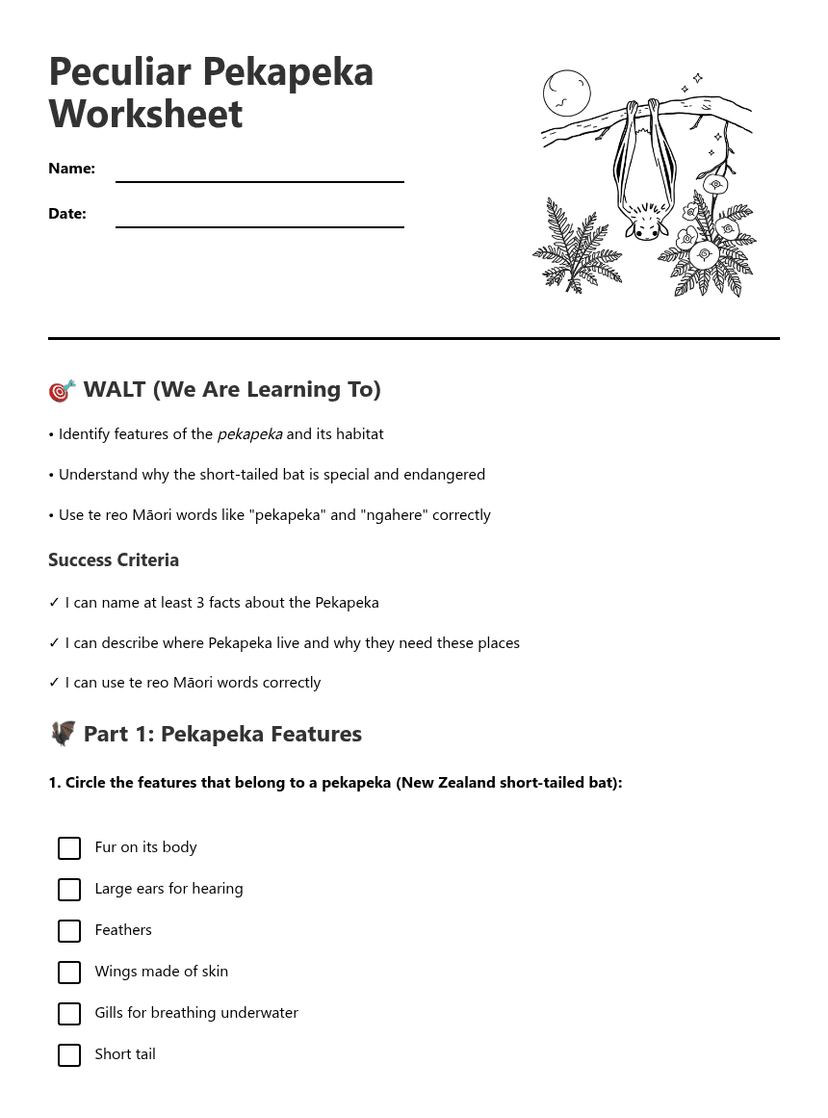 Peculiar Pekapeka Worksheet
