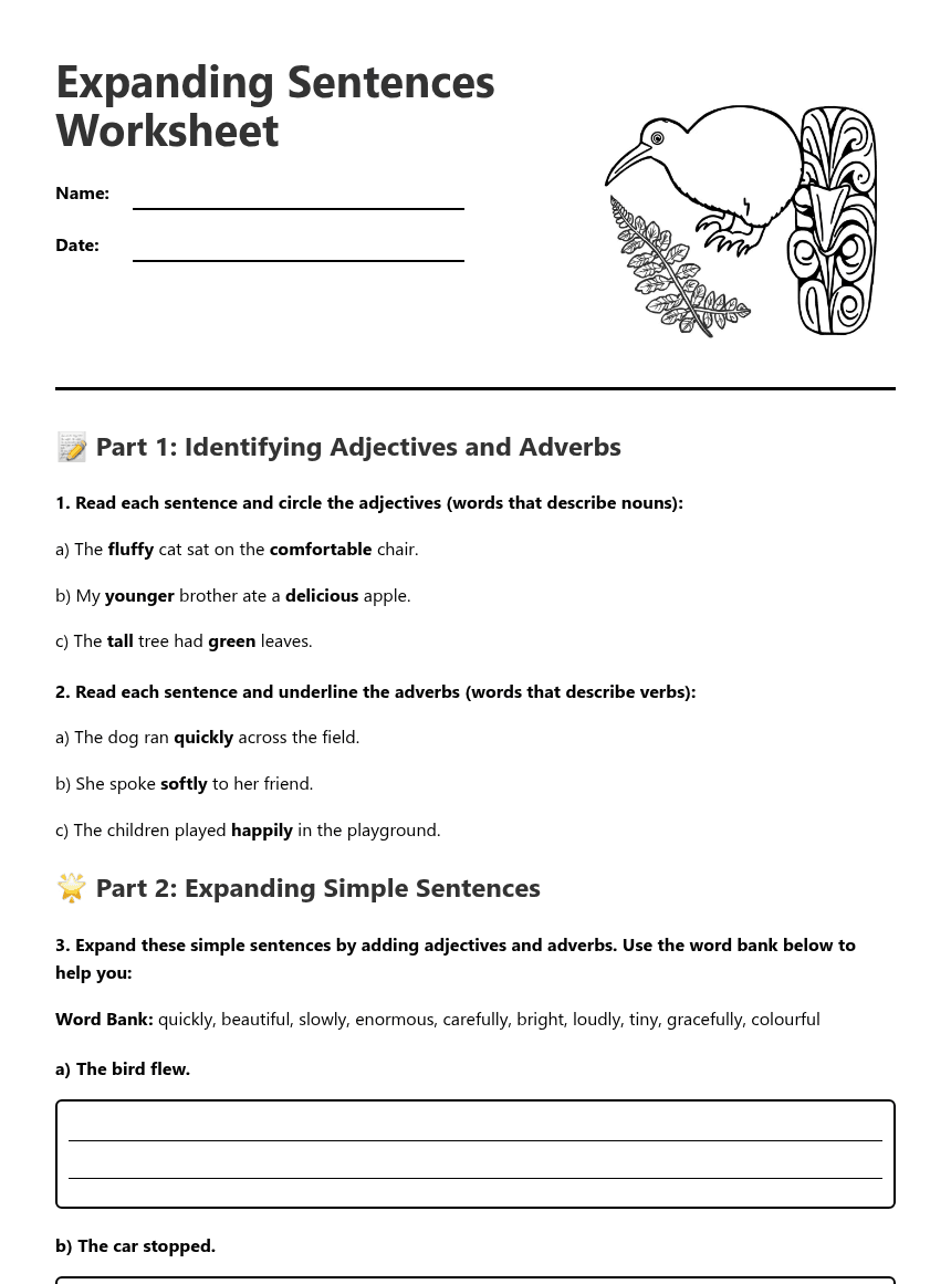 Expanding Sentences Worksheet worksheet preview
