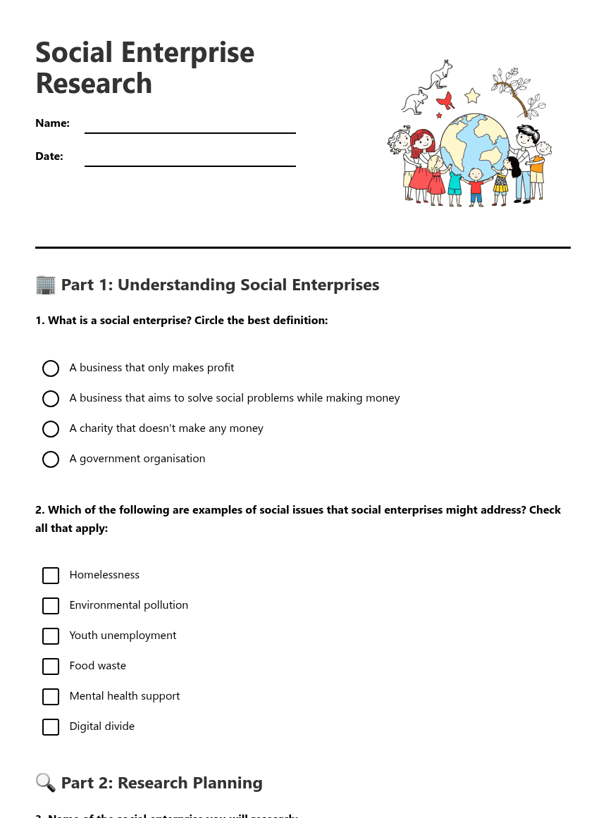 Social Enterprise Research worksheet preview