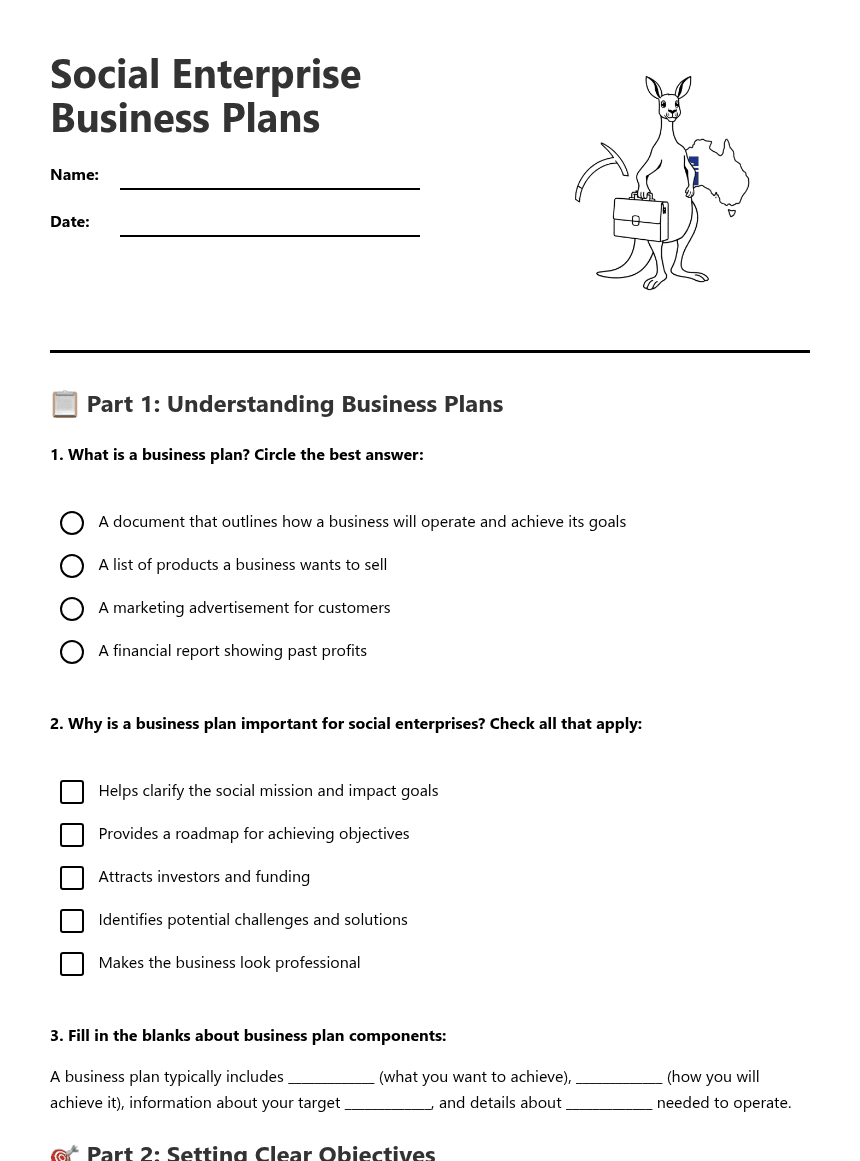 Social Enterprise Business Plans worksheet preview