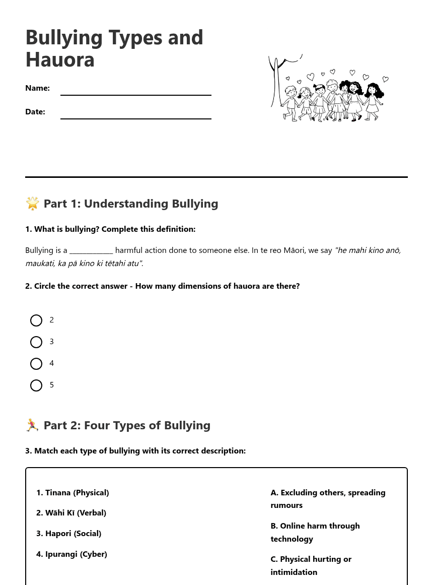 Bullying Types and Hauora worksheet preview