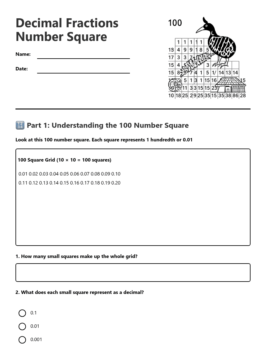 Decimal Fractions Number Square worksheet preview
