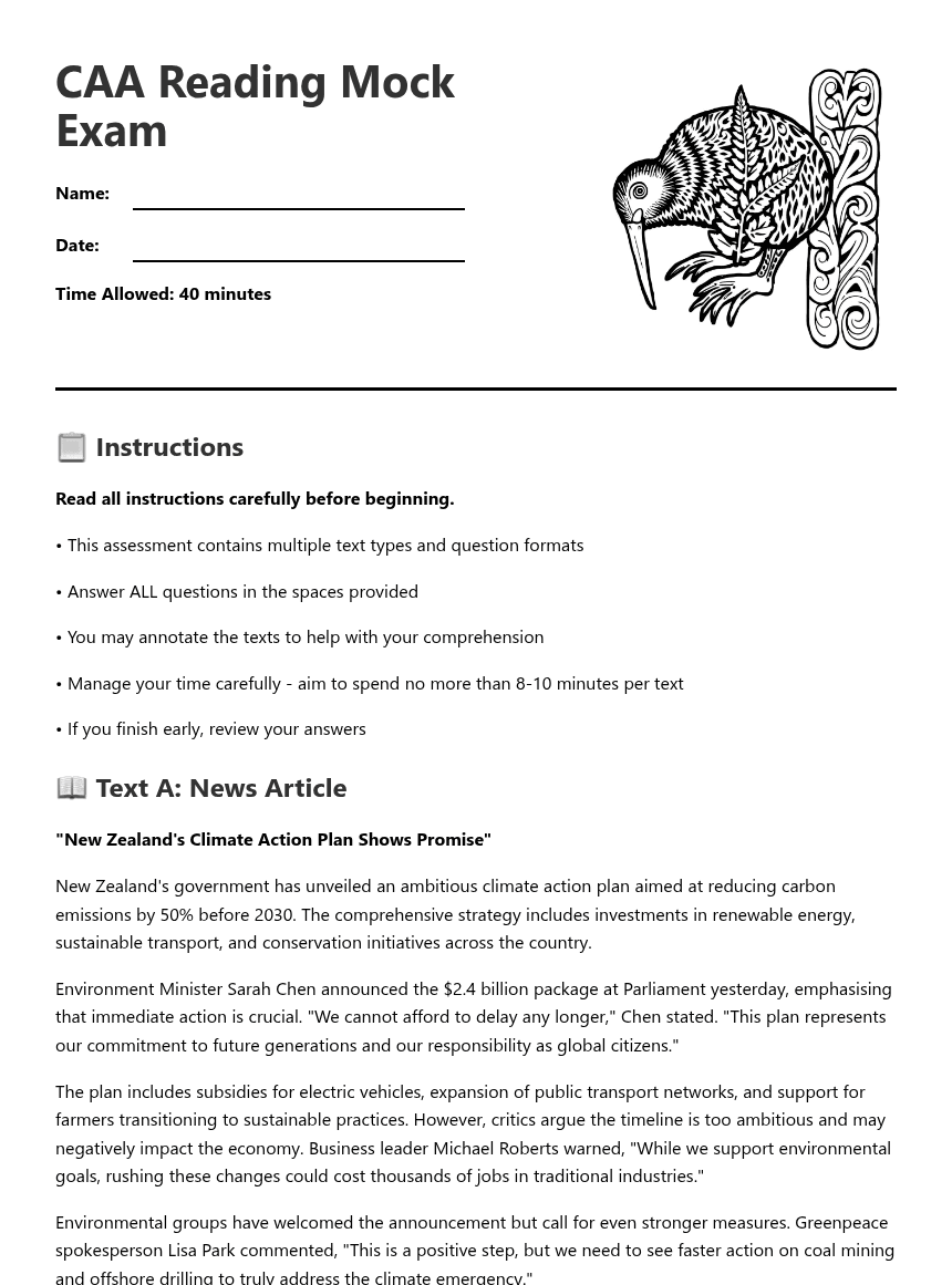 CAA Reading Mock Exam worksheet preview