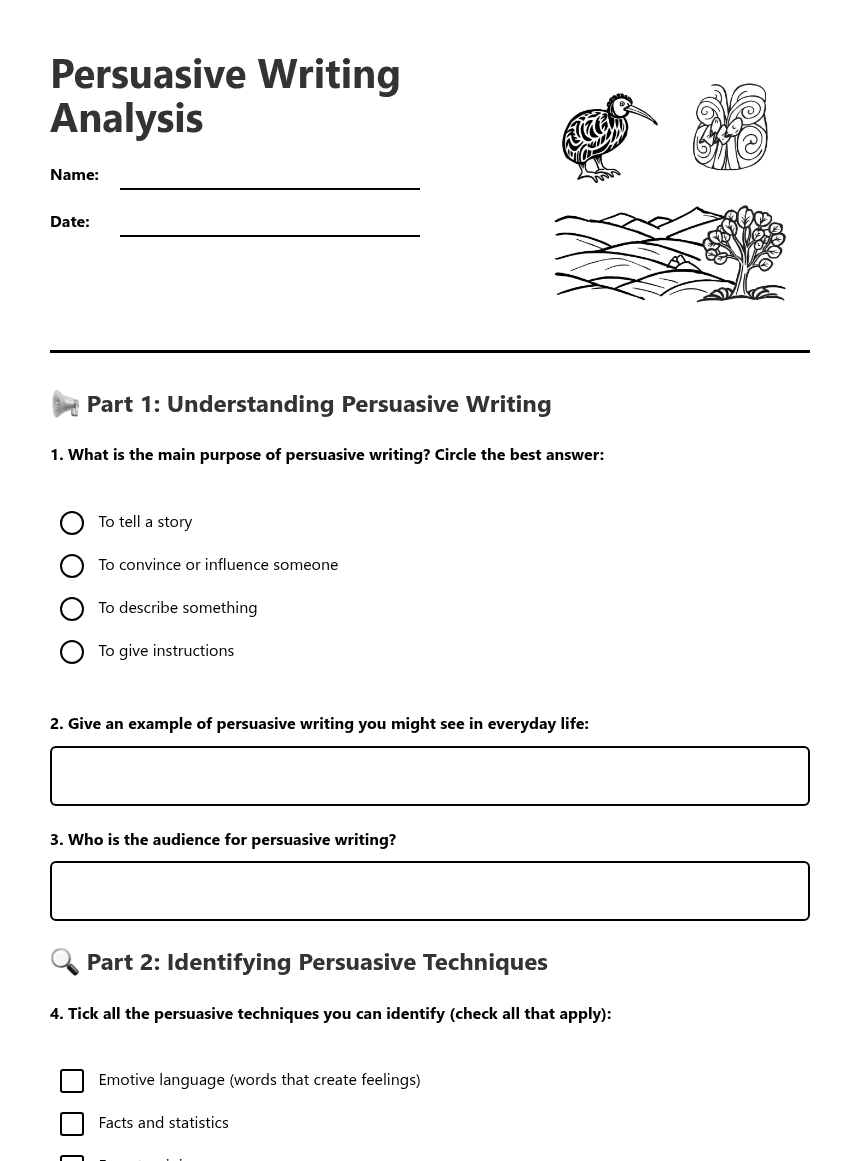 Persuasive Writing Analysis worksheet preview
