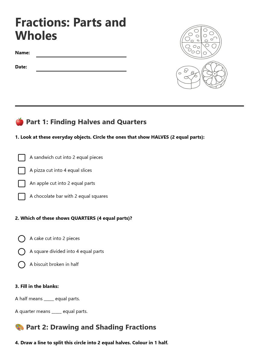 Fractions: Parts and Wholes worksheet preview