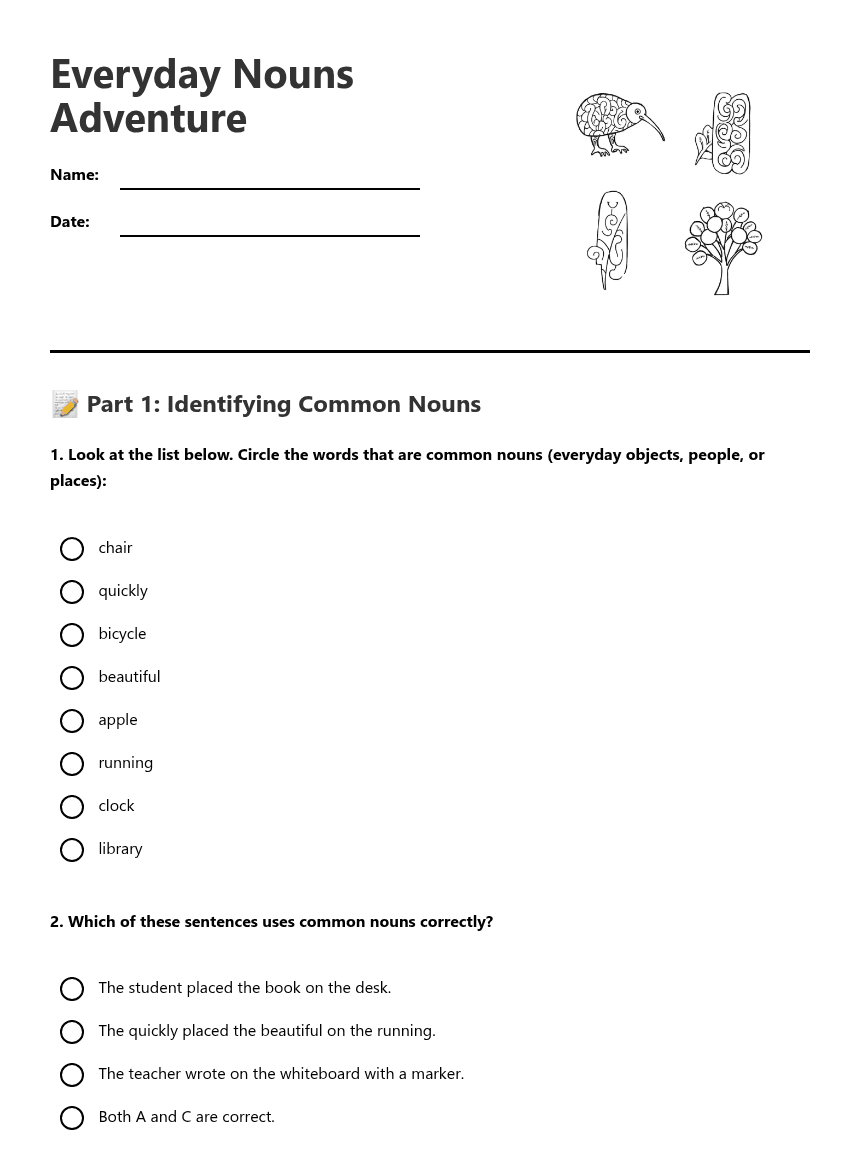 Everyday Nouns Adventure worksheet preview