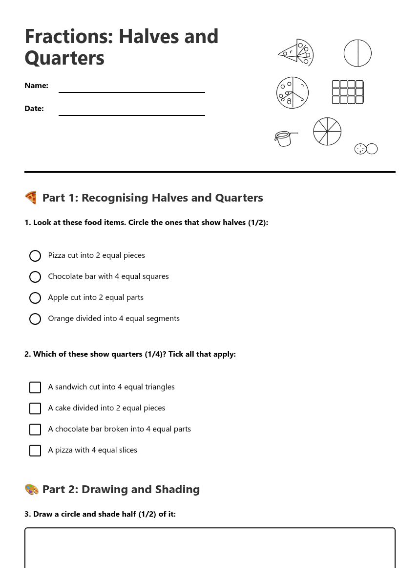 Fractions: Halves and Quarters worksheet preview