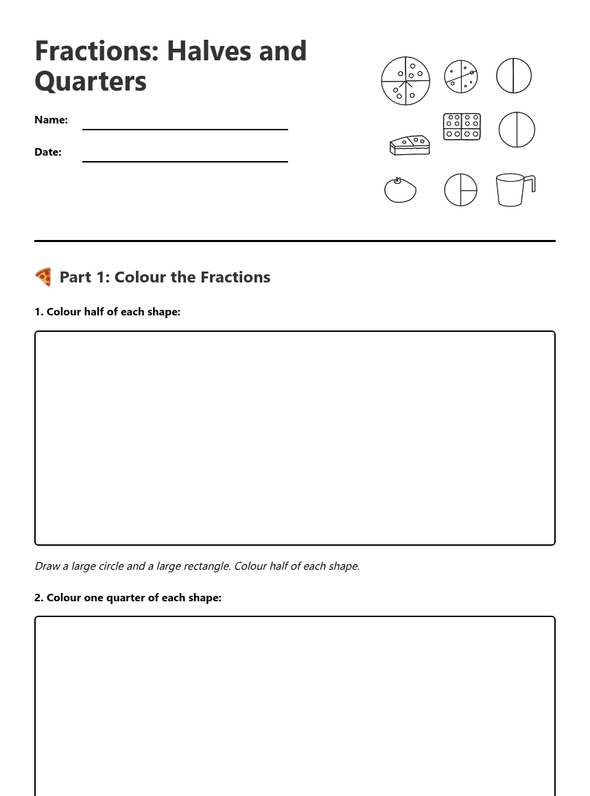 Fractions: Halves and Quarters worksheet preview