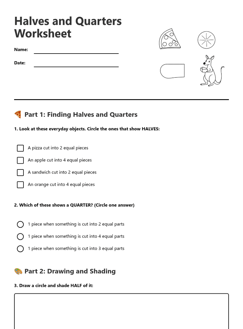 Halves and Quarters Worksheet