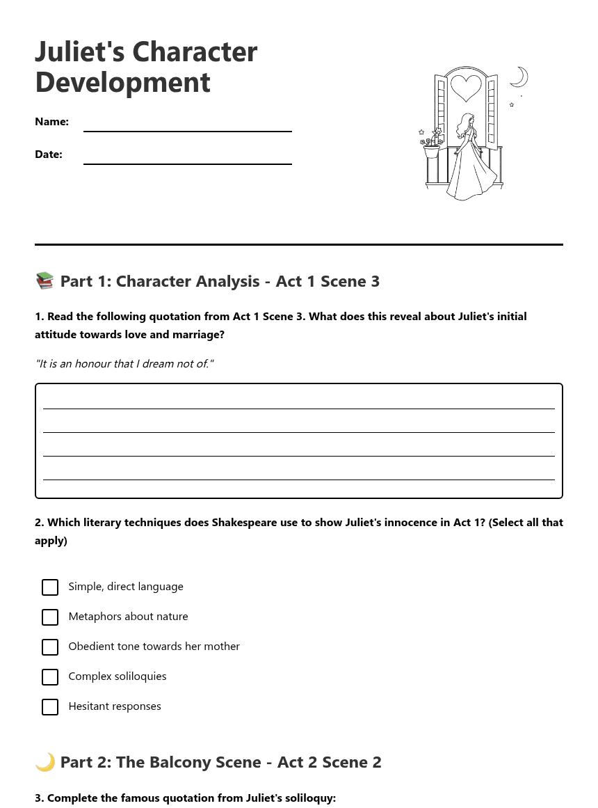 Juliet's Character Development worksheet preview