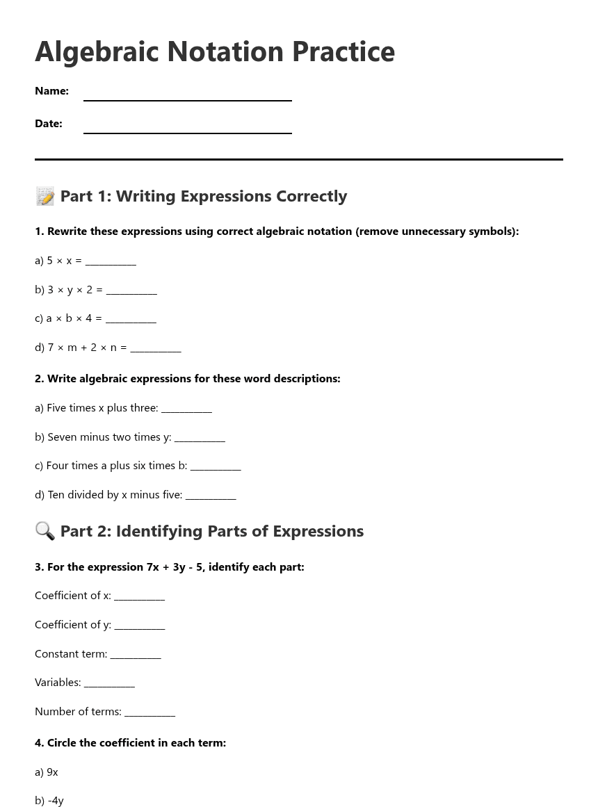 Algebraic Notation Practice worksheet preview