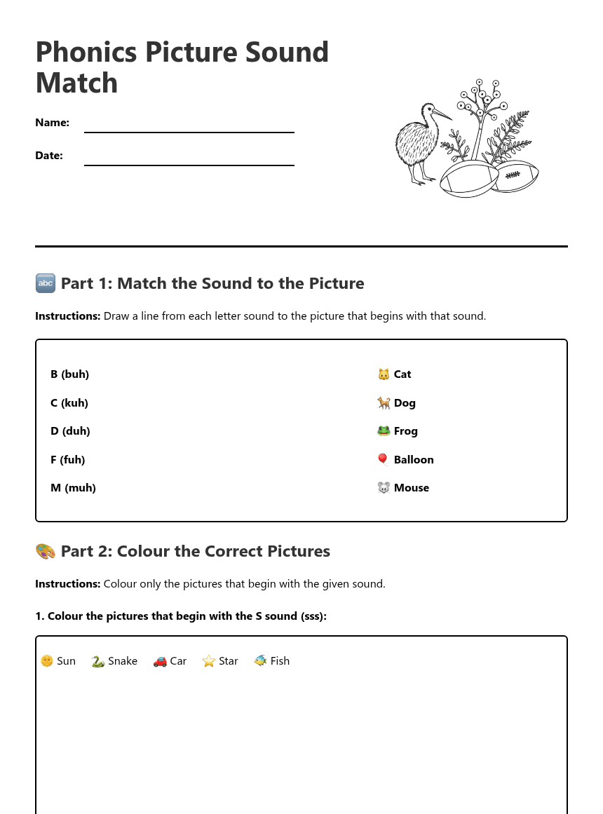 Phonics Picture Sound Match worksheet preview