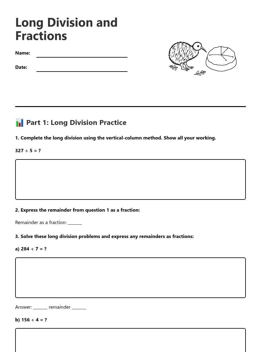 Long Division and Fractions worksheet preview