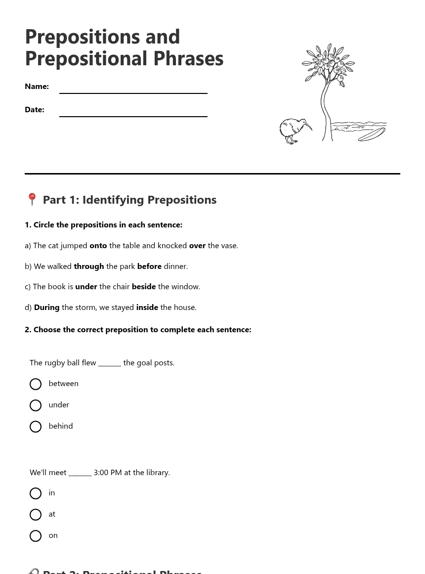 Prepositions and Prepositional Phrases worksheet preview