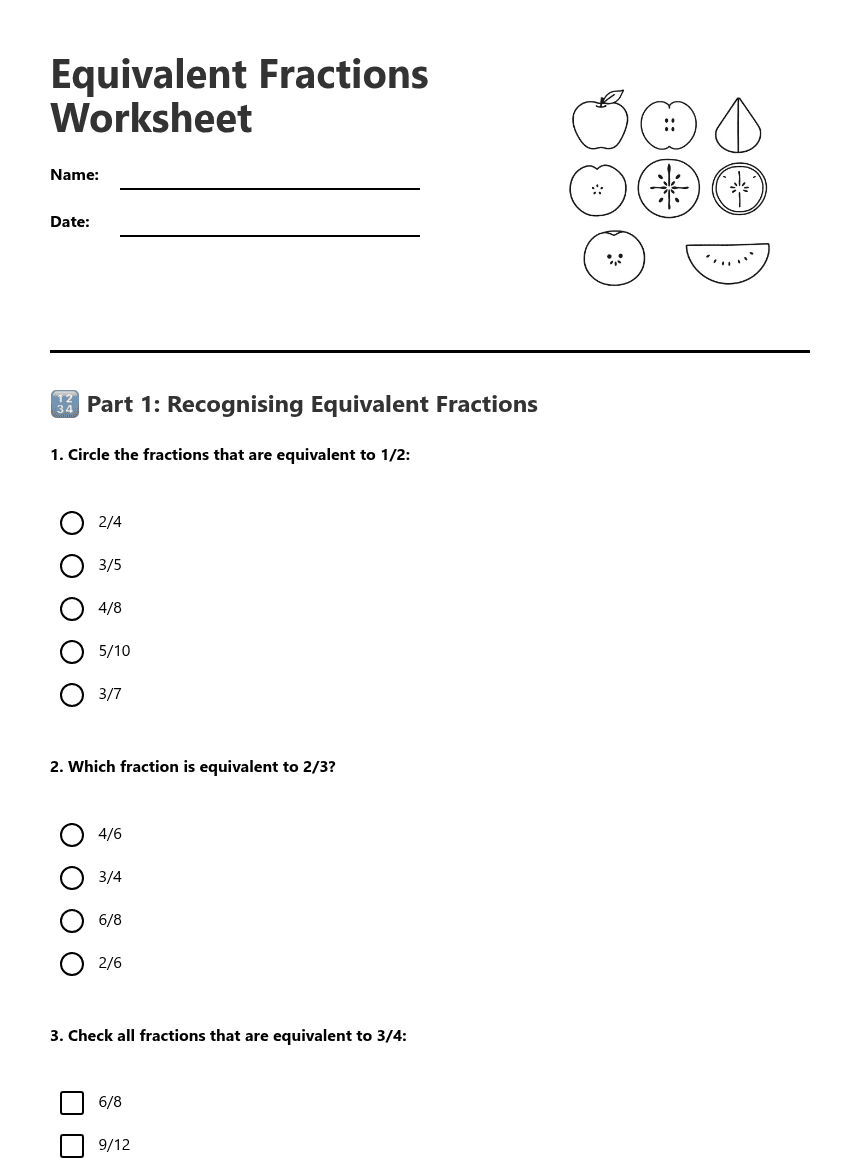 Equivalent Fractions Worksheet worksheet preview