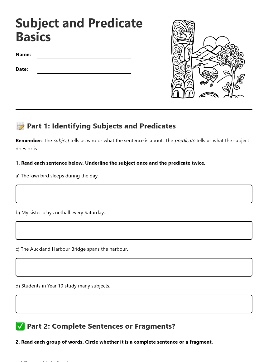 Subject and Predicate Basics worksheet preview