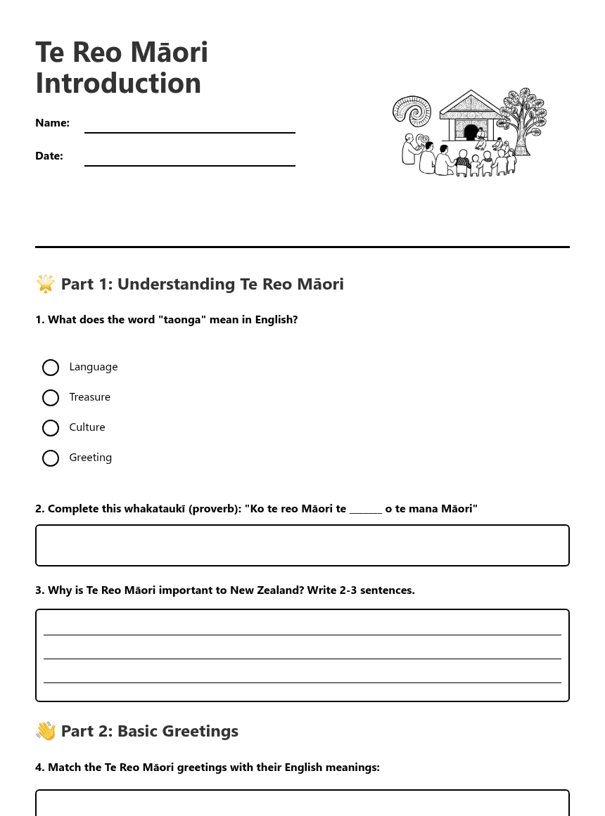 Te Reo Māori Introduction worksheet preview