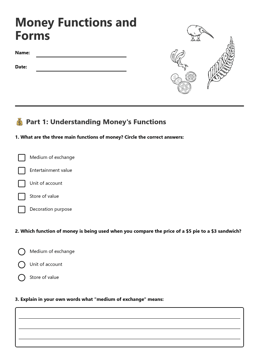 Money Functions and Forms worksheet preview