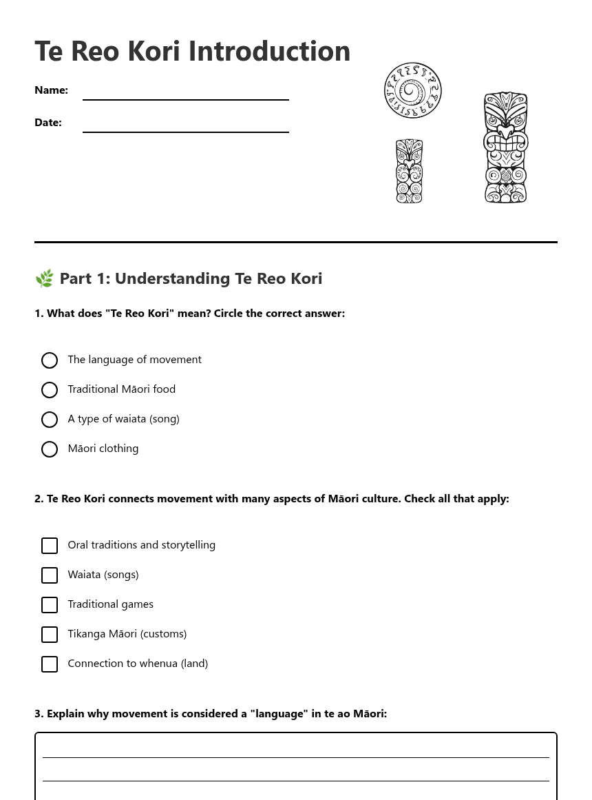 Te Reo Kori Introduction worksheet preview