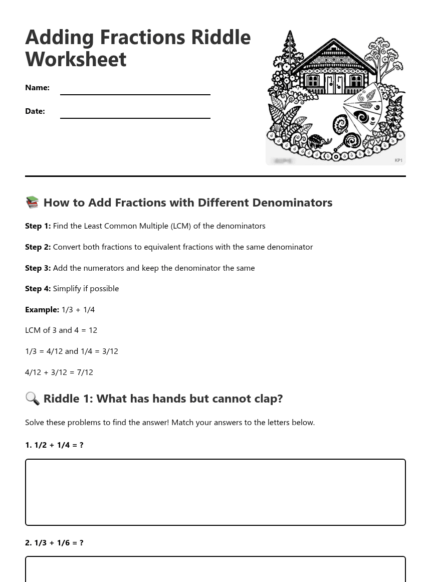 Adding Fractions Riddle Worksheet worksheet preview