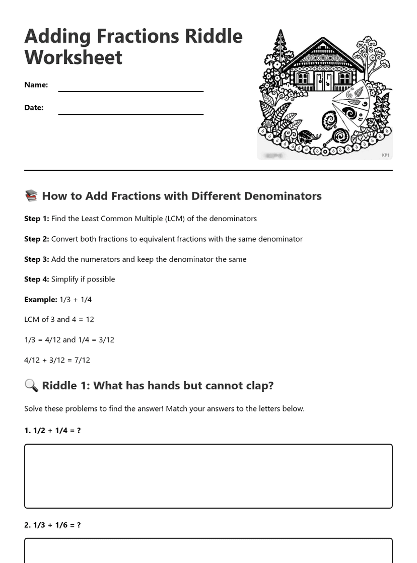 Adding Fractions Riddle Worksheet