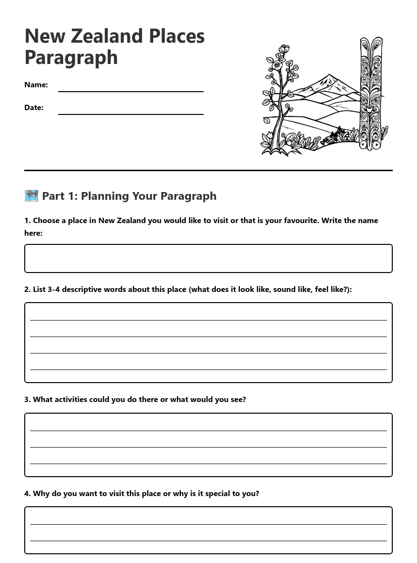 New Zealand Places Paragraph worksheet preview