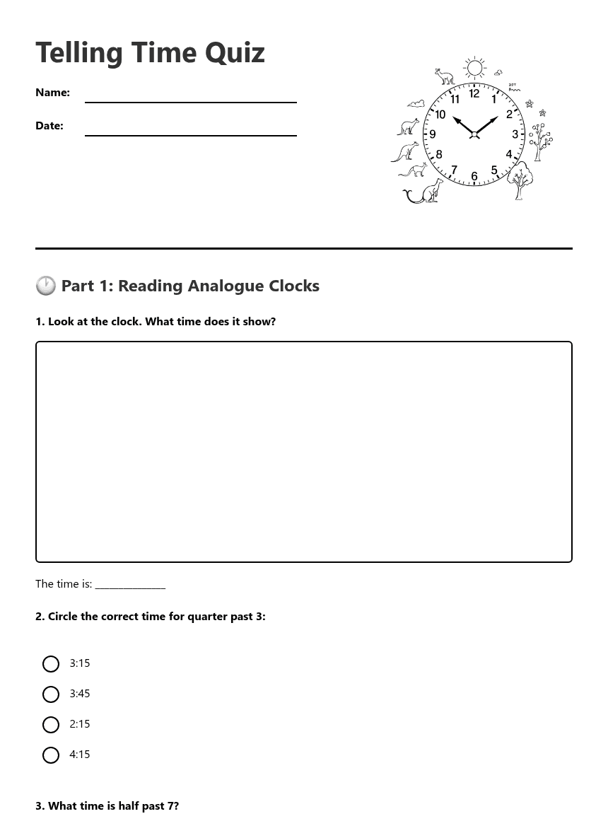 Telling Time Quiz worksheet preview