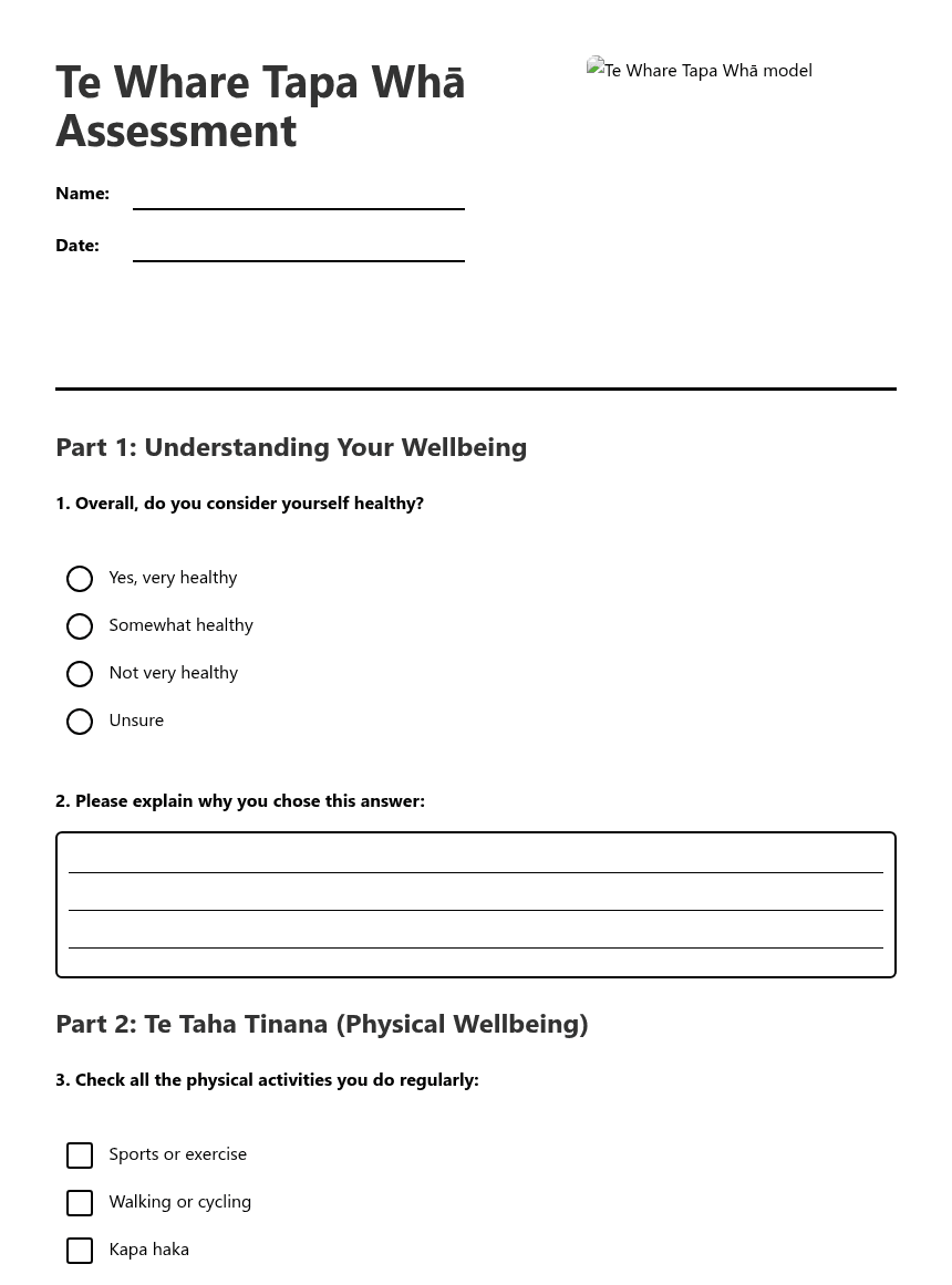 Te Whare Tapa Whā Assessment worksheet preview