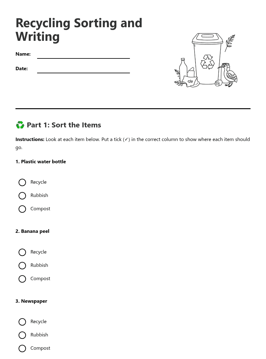 Recycling Sorting and Writing worksheet preview