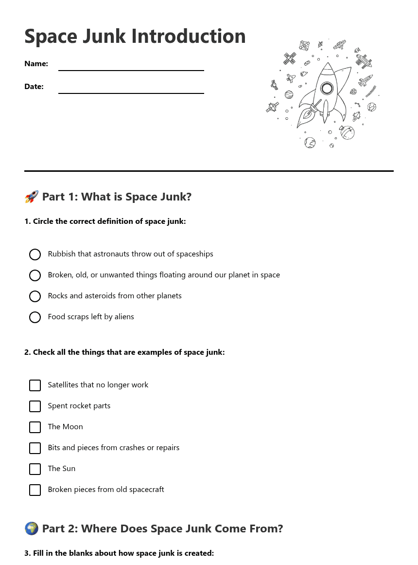 Space Junk Introduction worksheet preview