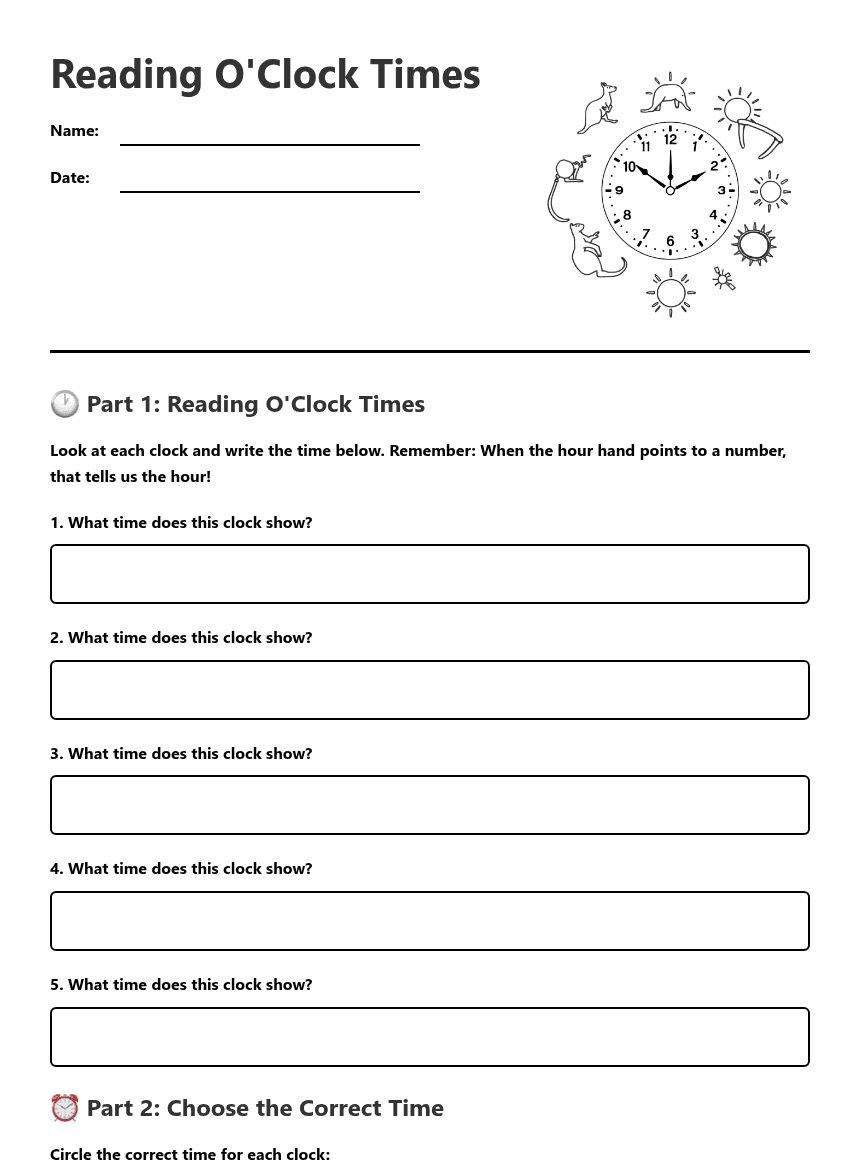 Reading O'Clock Times worksheet preview