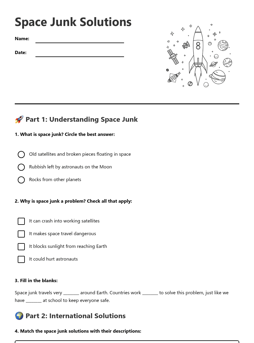 Space Junk Solutions worksheet preview